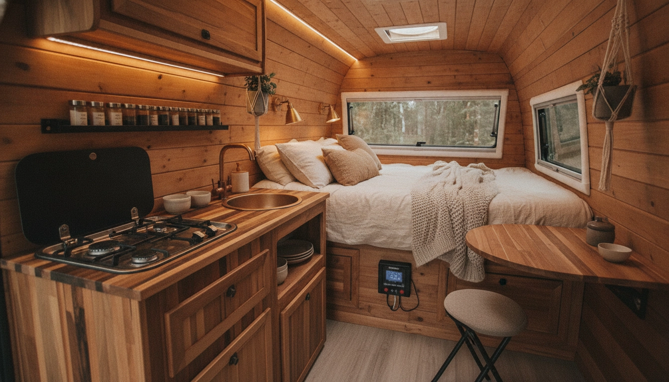 Intérieur aménagé d'un van avec cuisine, lit et rangements pour la vie nomade