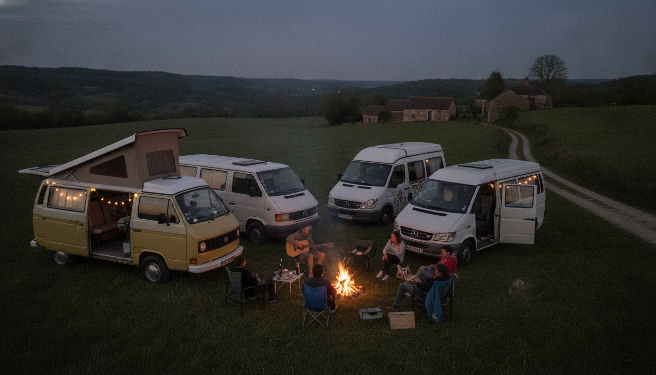 Rassemblement de la communauté van life en France autour d'un feu de camp