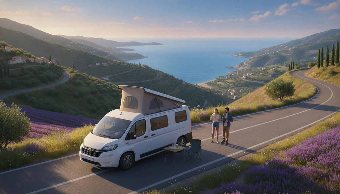 Van aménagé garé face à un paysage de montagne en France pour un road trip en van