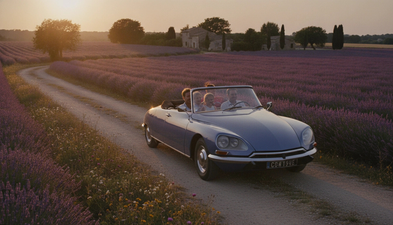 Une famille profitant d'un road trip famille sud de la France étapes courtes moins de 2 heures dans les champs de lavande.