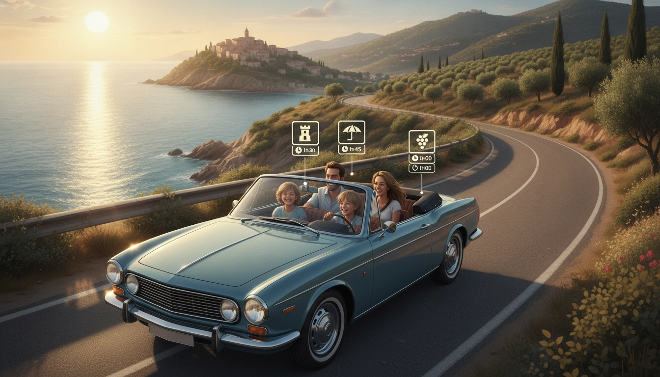Une famille heureuse faisant un road trip famille sud de la France étapes courtes moins de 2 heures dans une décapotable vintage.