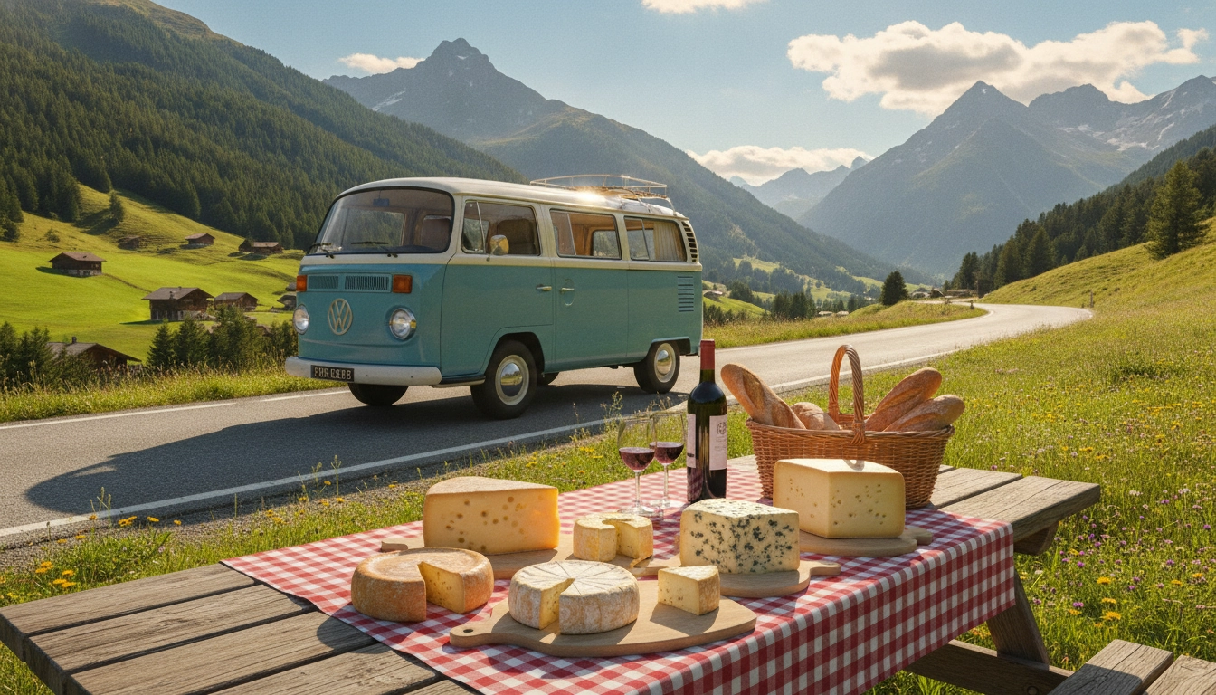 Un van aménagé en plein road trip fromages régionaux France itinéraire fromager dans les montagnes.