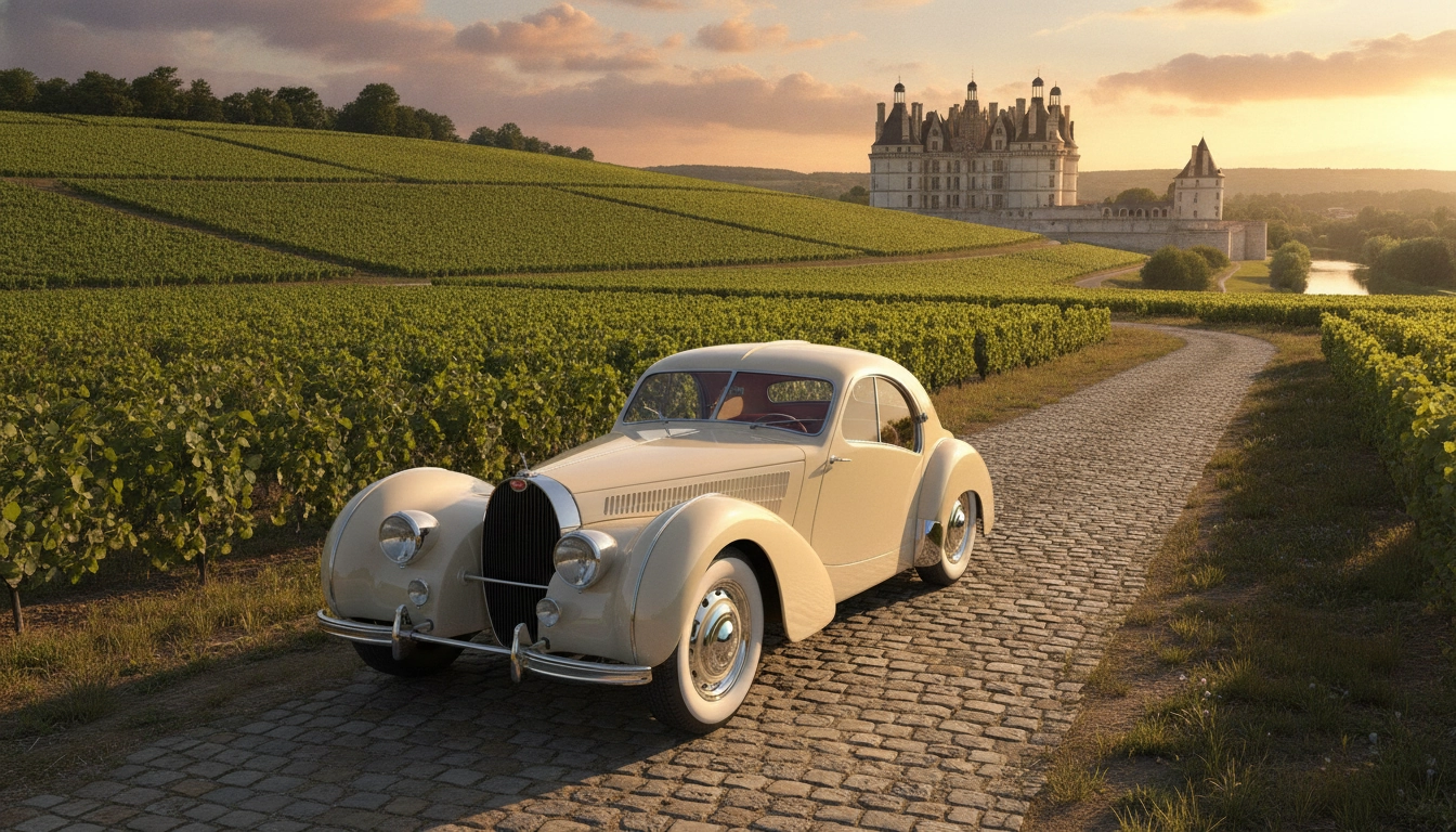 Une voiture sur une route pittoresque lors d'un road trip Loire châteaux vignobles escapade semaine en France