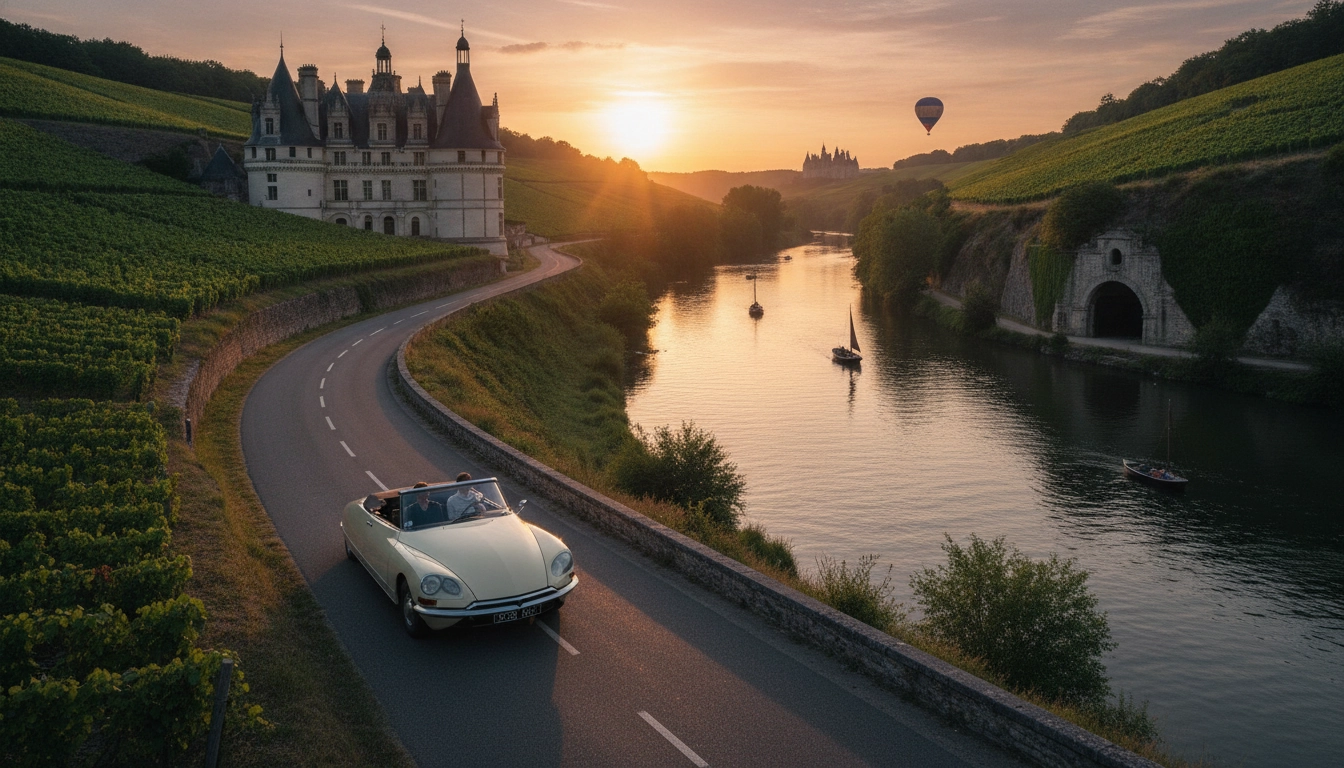 Voiture sur une route de campagne longeant les châteaux et vignobles lors d'un road trip Loire châteaux vignobles escapade semaine