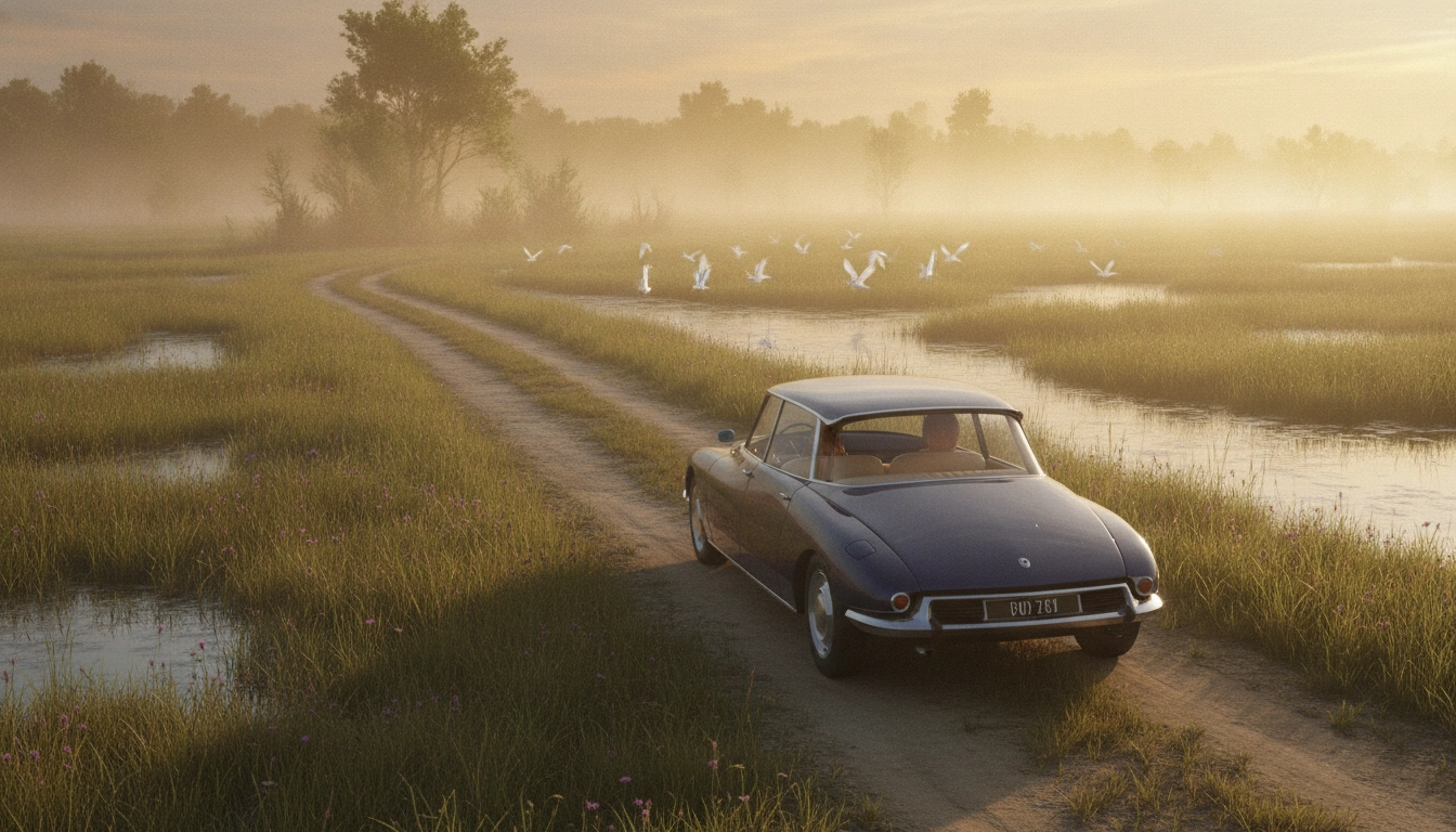Paysage brumeux lors d'un road trip sur les routes des marais secrets de l'ouest