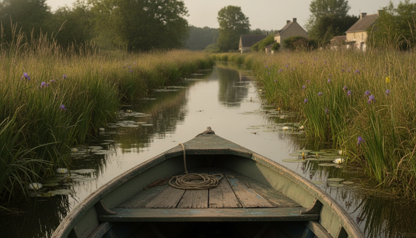 Barque traditionnelle dans un marais lors d'un road trip sur les routes des marais secrets de l'ouest