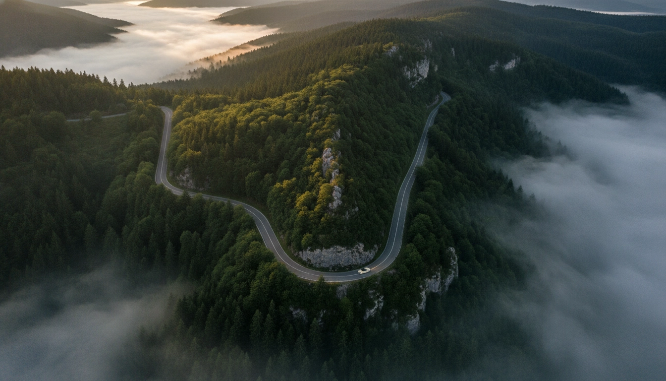 Route sinueuse à travers les crêtes des Vosges lors d'un road trip dans les massifs français au lever du soleil
