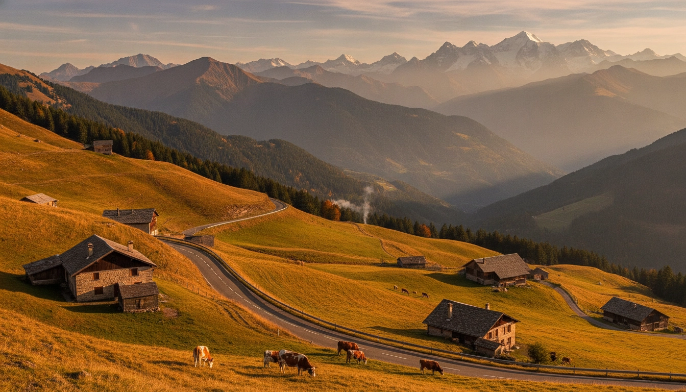 Vue panoramique depuis la route du massif des Bauges en Savoie, prairies alpines et sommets enneigés en arrière-plan lors d'un road trip