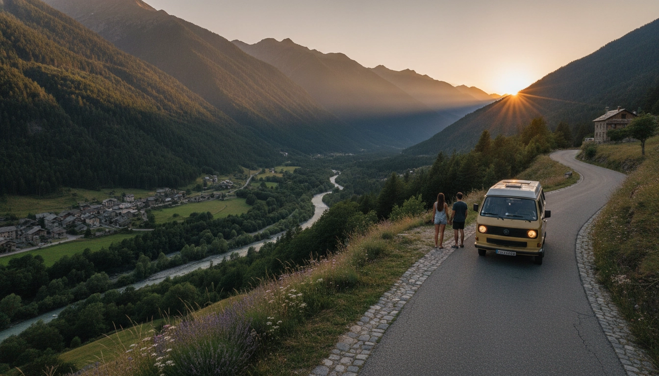 Road trip massifs français : vue panoramique depuis un col de montagne sur une route sinueuse entourée de forêts et de sommets enneigés