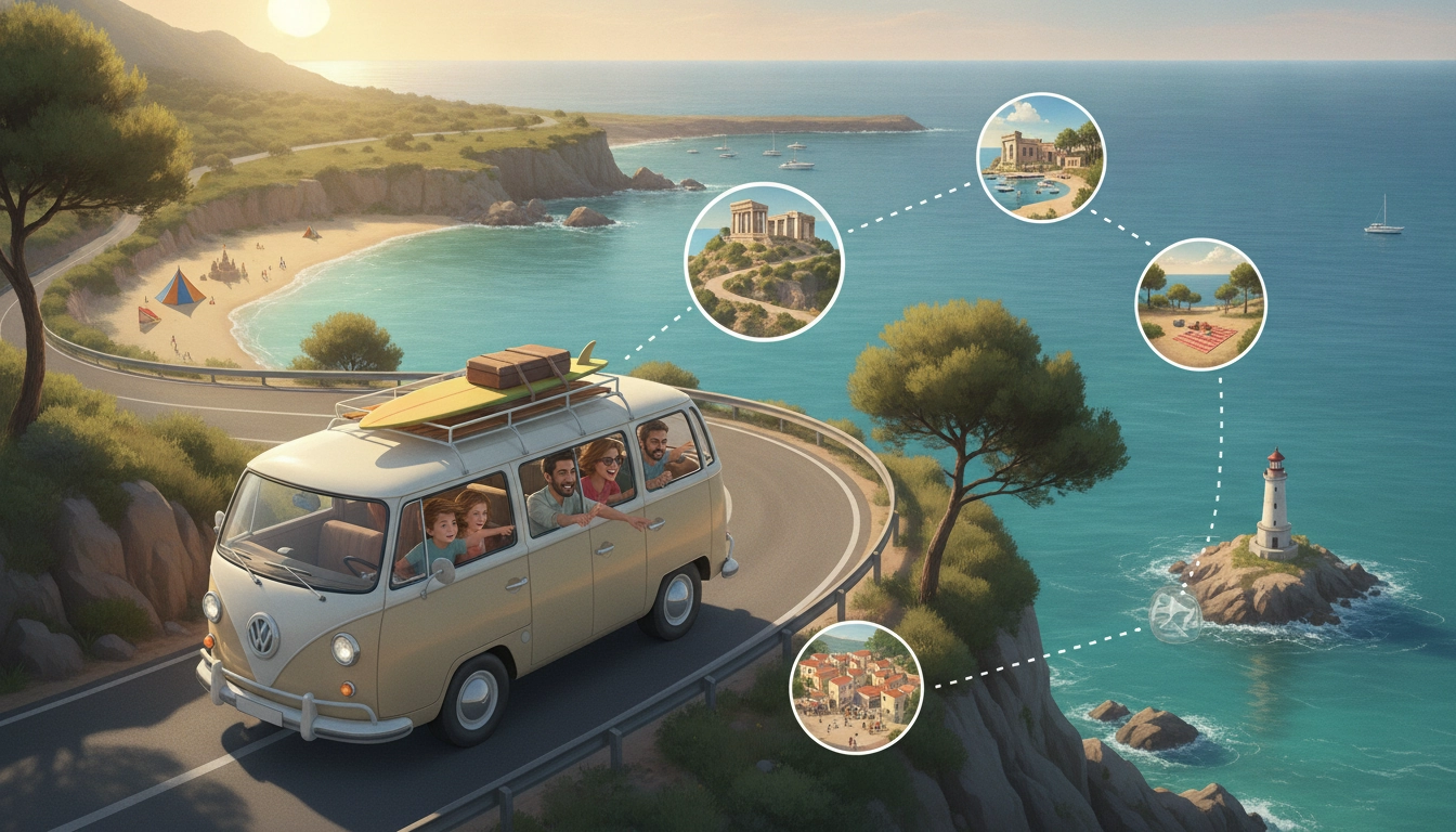 Famille heureuse préparant un road trip côte méditerranée avec enfants étapes sur une carte routière