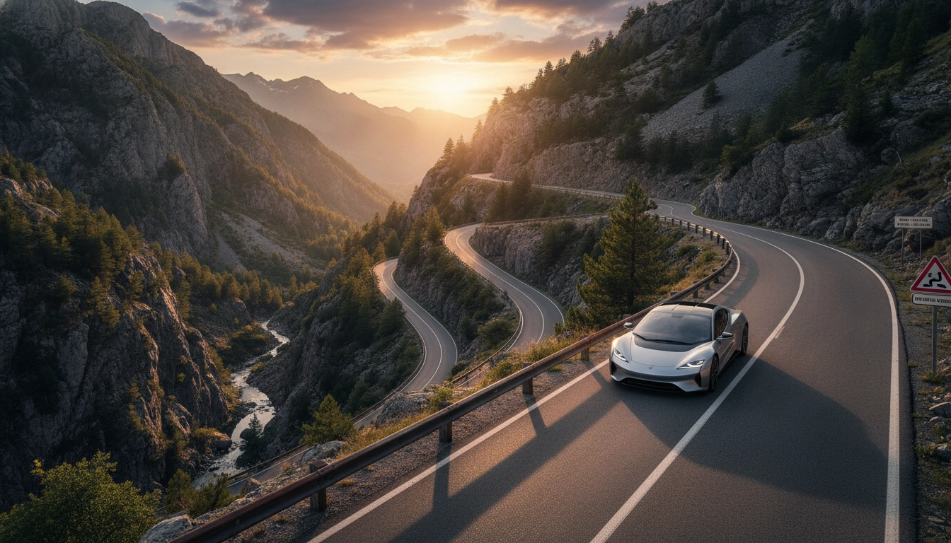 Un conducteur prudent navigue sur une route de montagne, illustrant les road trip en montagne dangers routes sinueuses précautions.