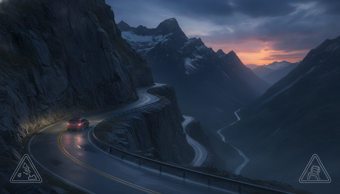 Une voiture moderne circulant sur une route de montagne sinueuse avec des précautions de sécurité.