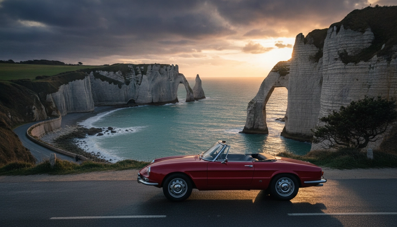 Une voiture garée près des falaises lors d'un road trip en Normandie plages débarquement falaises étretat