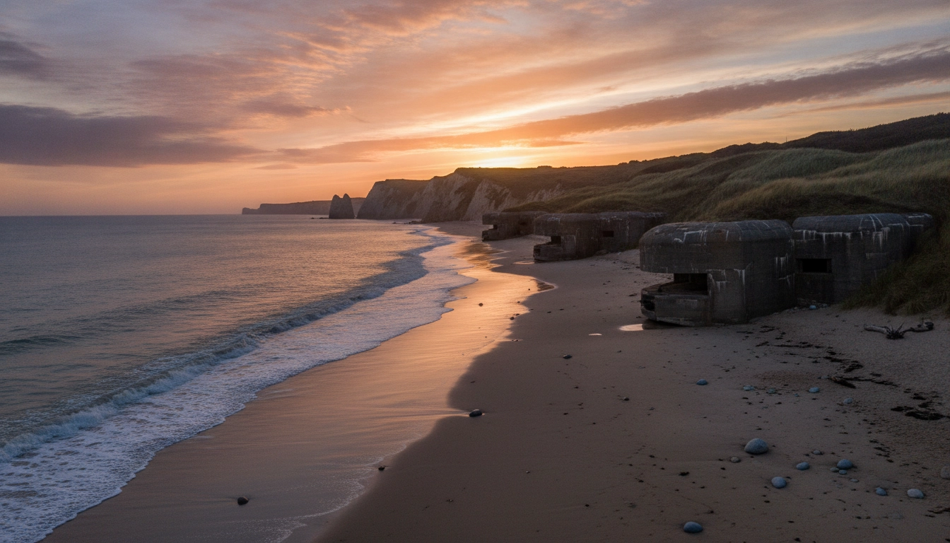 Plage historique et phare en arrière-plan sur la côte normande.