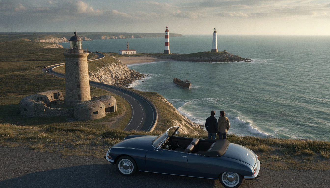 Vue panoramique d'un phare emblématique sur la côte normande lors d'un itinéraire road trip phares Normandie débarquement.