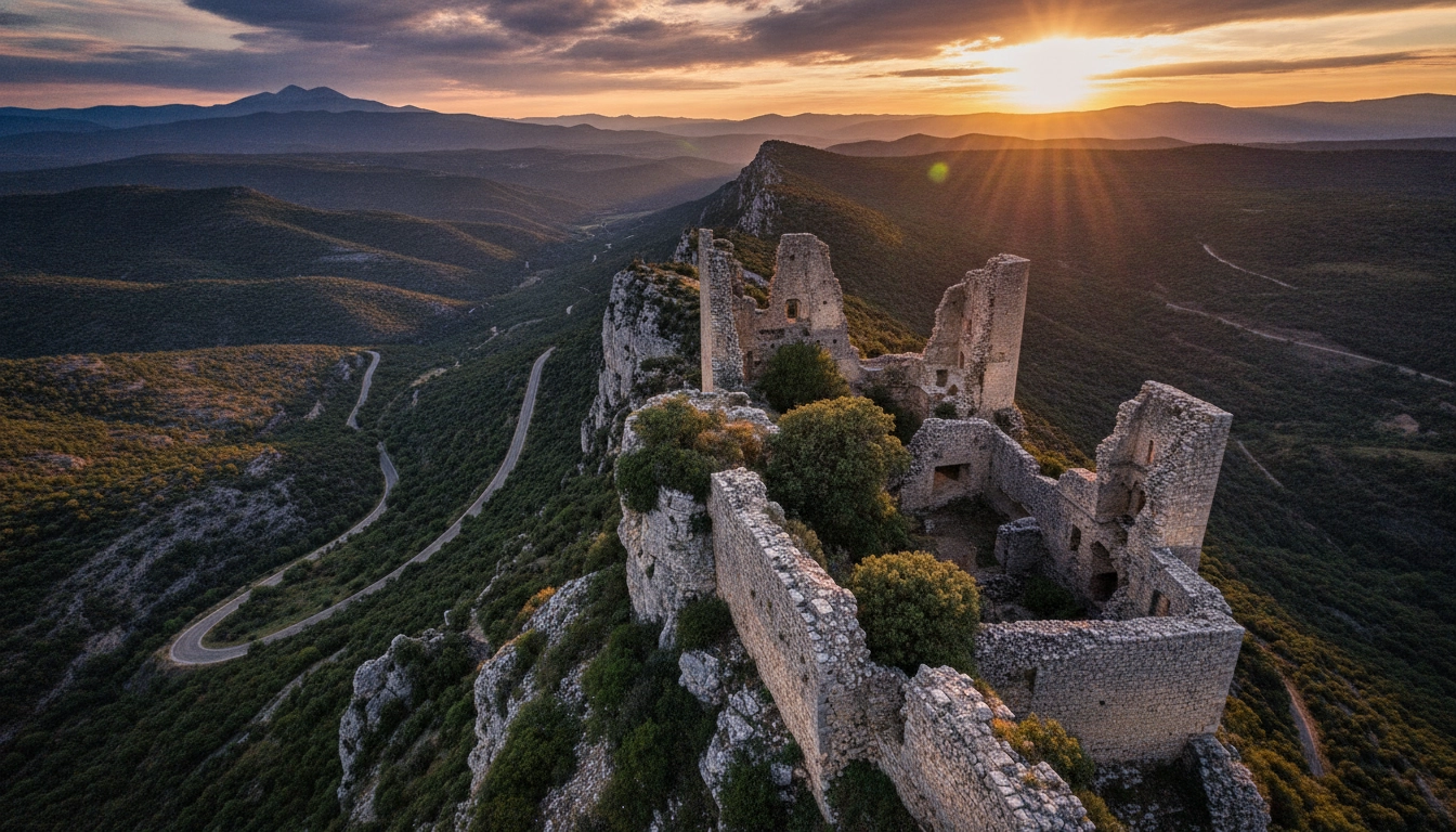 Véhicule sur une route sinueuse pour commencer ce parcours road trip sur les routes des cathares oubliées.
