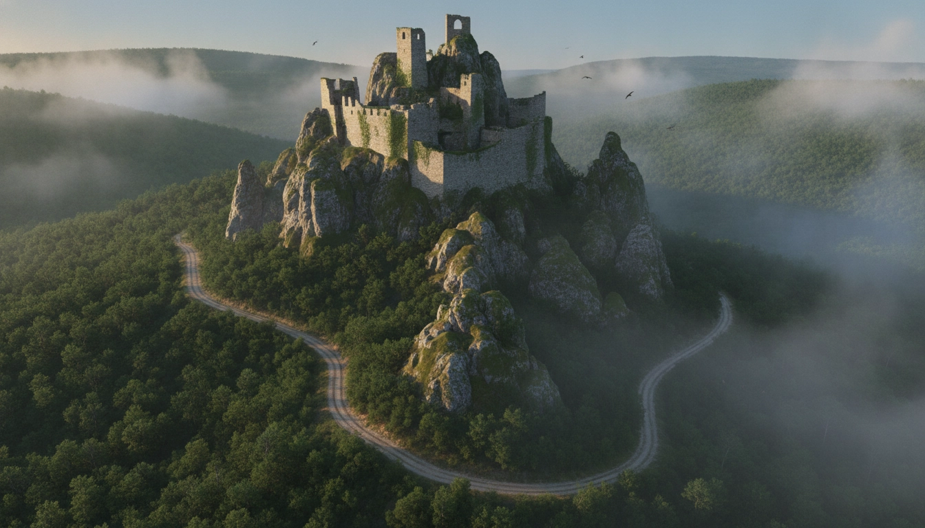 Forteresse isolée dans la brume matinale des Corbières en Occitanie.