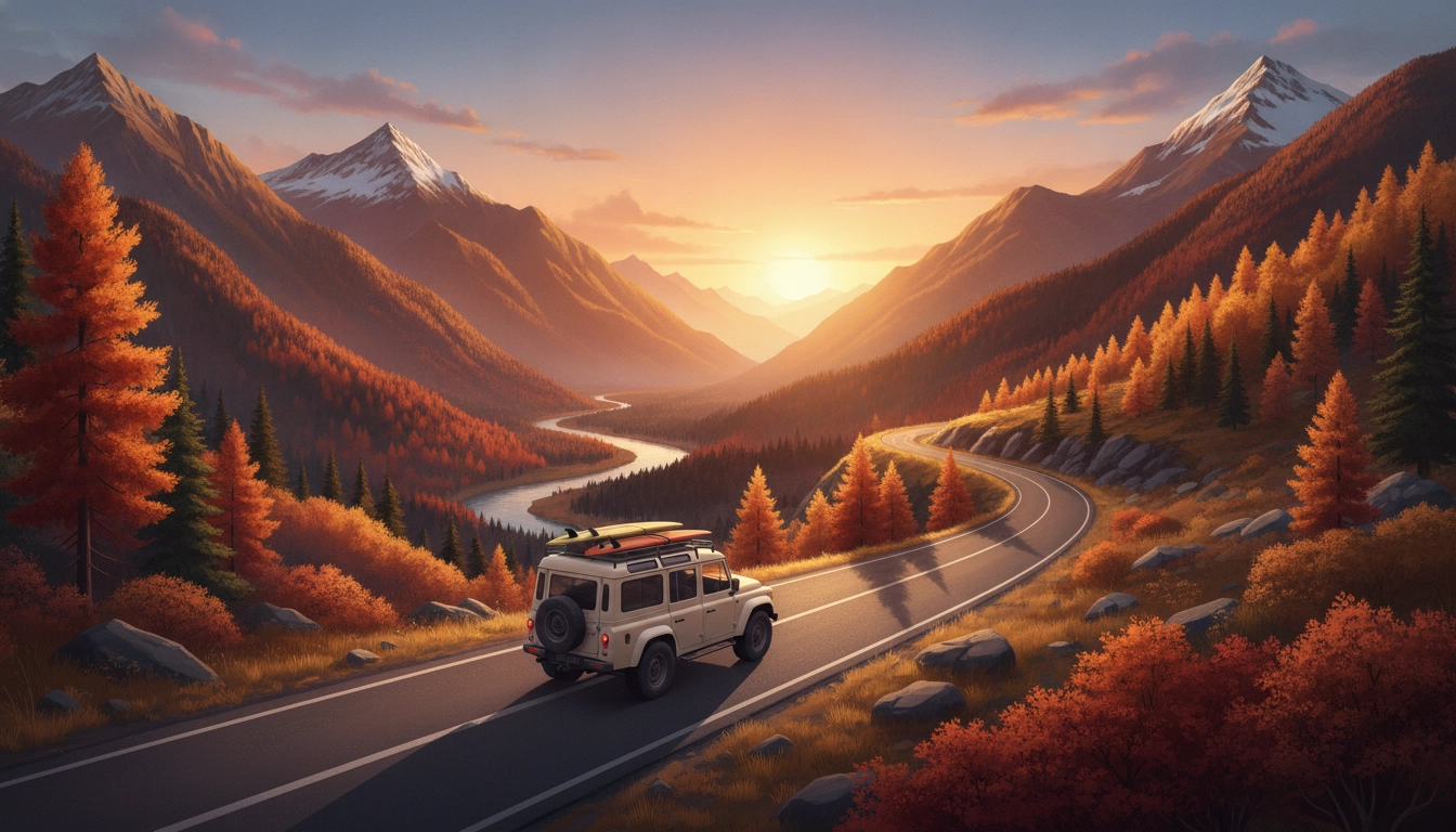 Vue panoramique sur une route sinueuse en montagne avec les couleurs de l'automne, parfaite pour un road trip week-end montagne automne France.