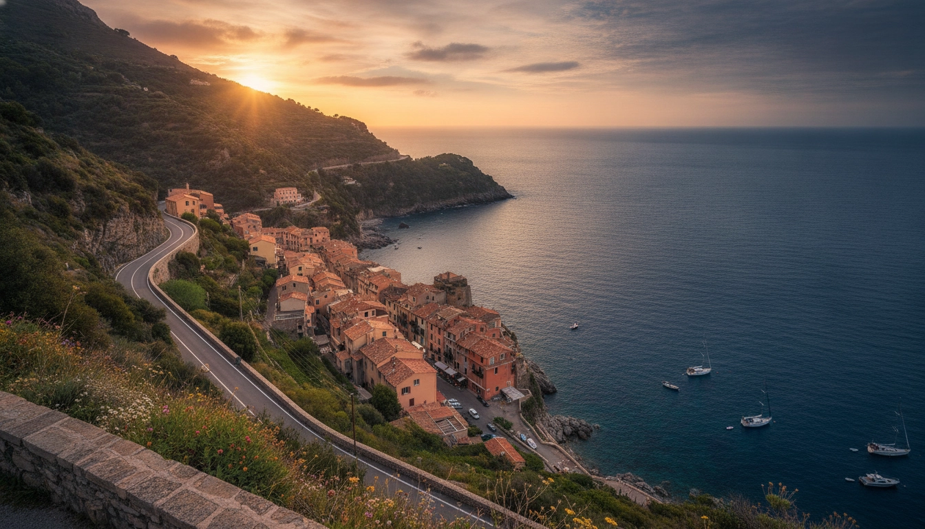 Vue panoramique depuis un village surplombant la route des corniches du Var.