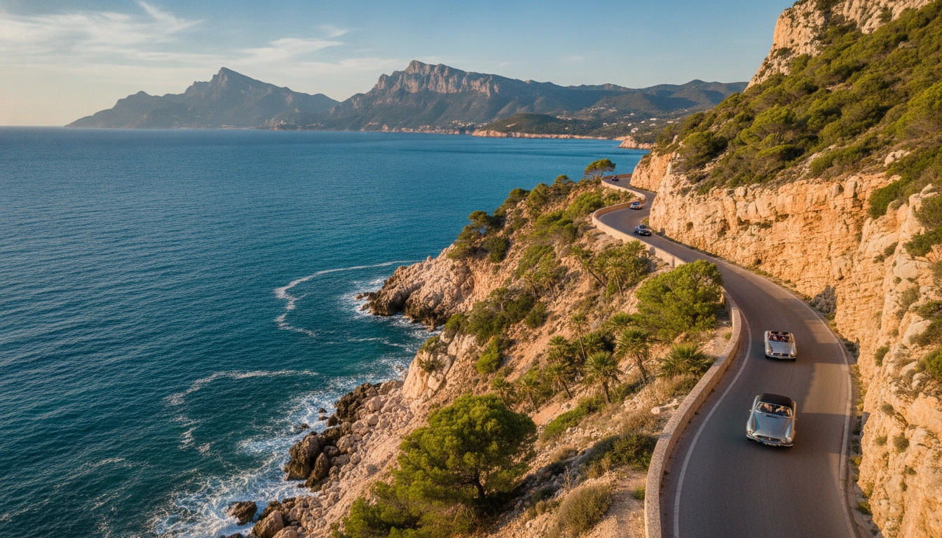 Une voiture longeant la route des corniches du Var avec une vue panoramique sur la mer Méditerranée.