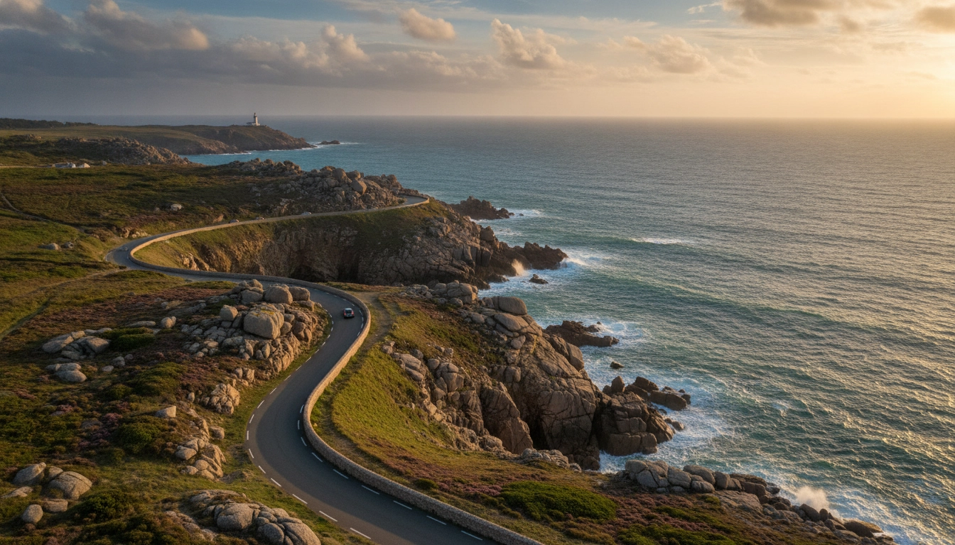 Magnifique paysage sur la route littorale confidentielle Finistère sud en voiture au coucher du soleil.