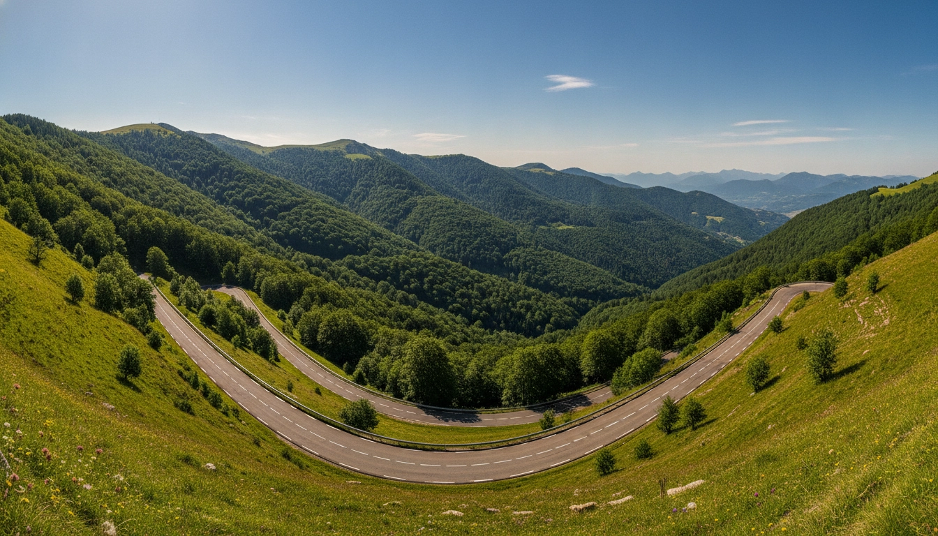 Paysage spectaculaire sur la route panoramique massif des Bauges Savoie voiture en été.
