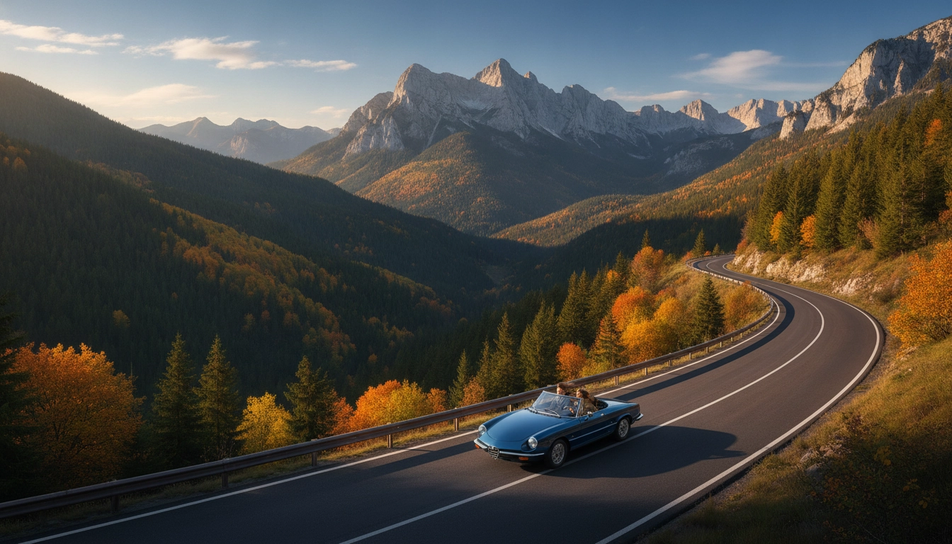 Une voiture circulant sur une route panoramique massif des Bauges Savoie voiture avec vue sur les montagnes.
