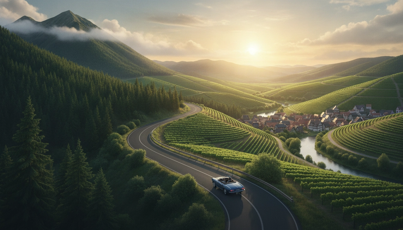 Vue spectaculaire sur la route panoramique montagne Vosges Alsace vignobles avec des sommets en arrière-plan et des vignes au premier plan