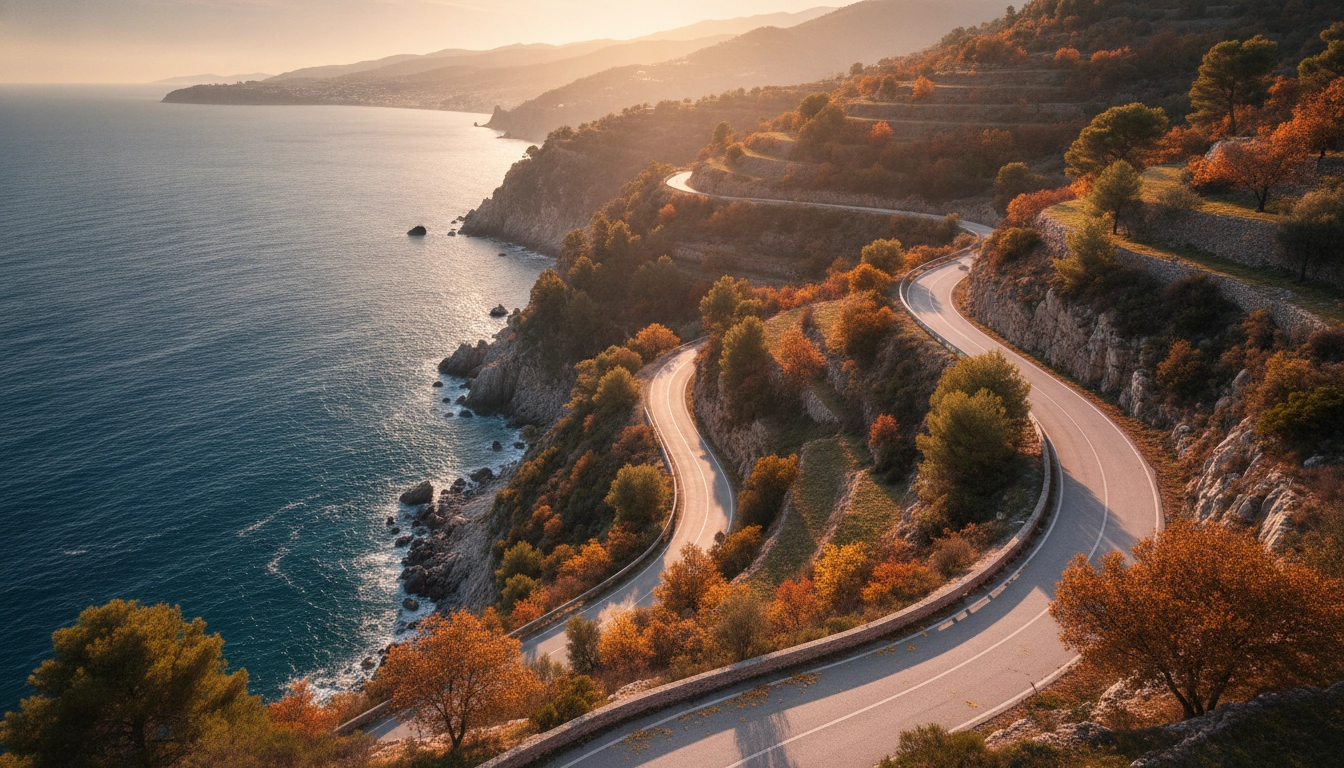 Paysage spectaculaire sur l'une des routes côtières secrètes Méditerranée hors saison avec une lumière dorée.