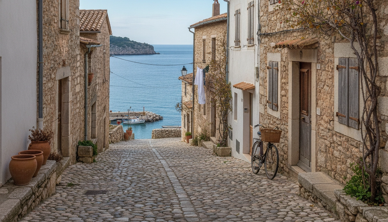 Un village côtier paisible découvert lors d'un trajet sur les routes côtières secrètes Méditerranée hors saison.