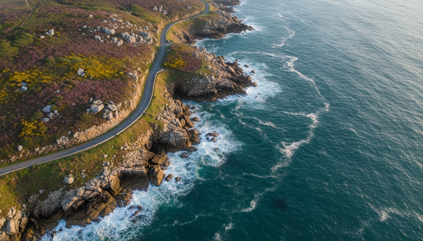 Routes côtières secrètes en Bretagne nord — route sinueuse au bord des falaises de granit rose au lever du soleil