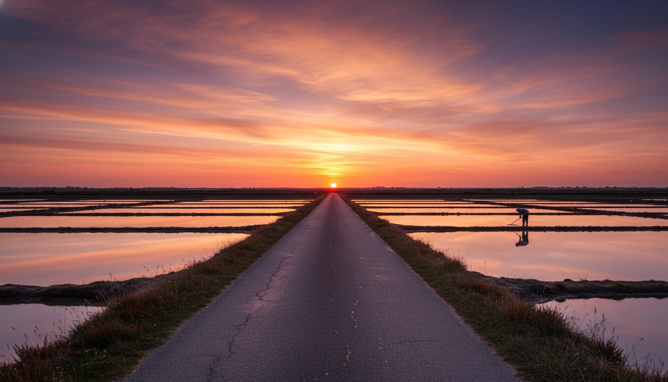 Route côtière oubliée de Vendée traversant les marais salants au coucher du soleil