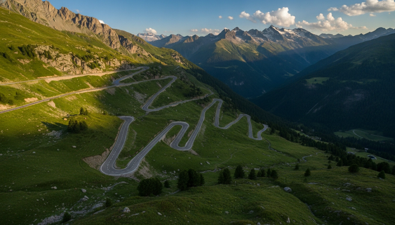 Vue aérienne d'une route de montagne en lacets dans les Alpes françaises avec des sommets enneigés