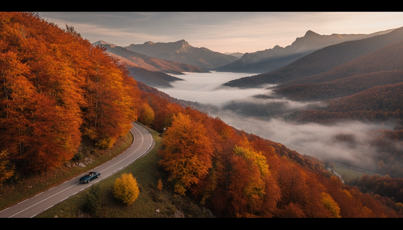 Route panoramique dans les Pyrénées françaises en automne avec des couleurs dorées et une vallée brumeuse