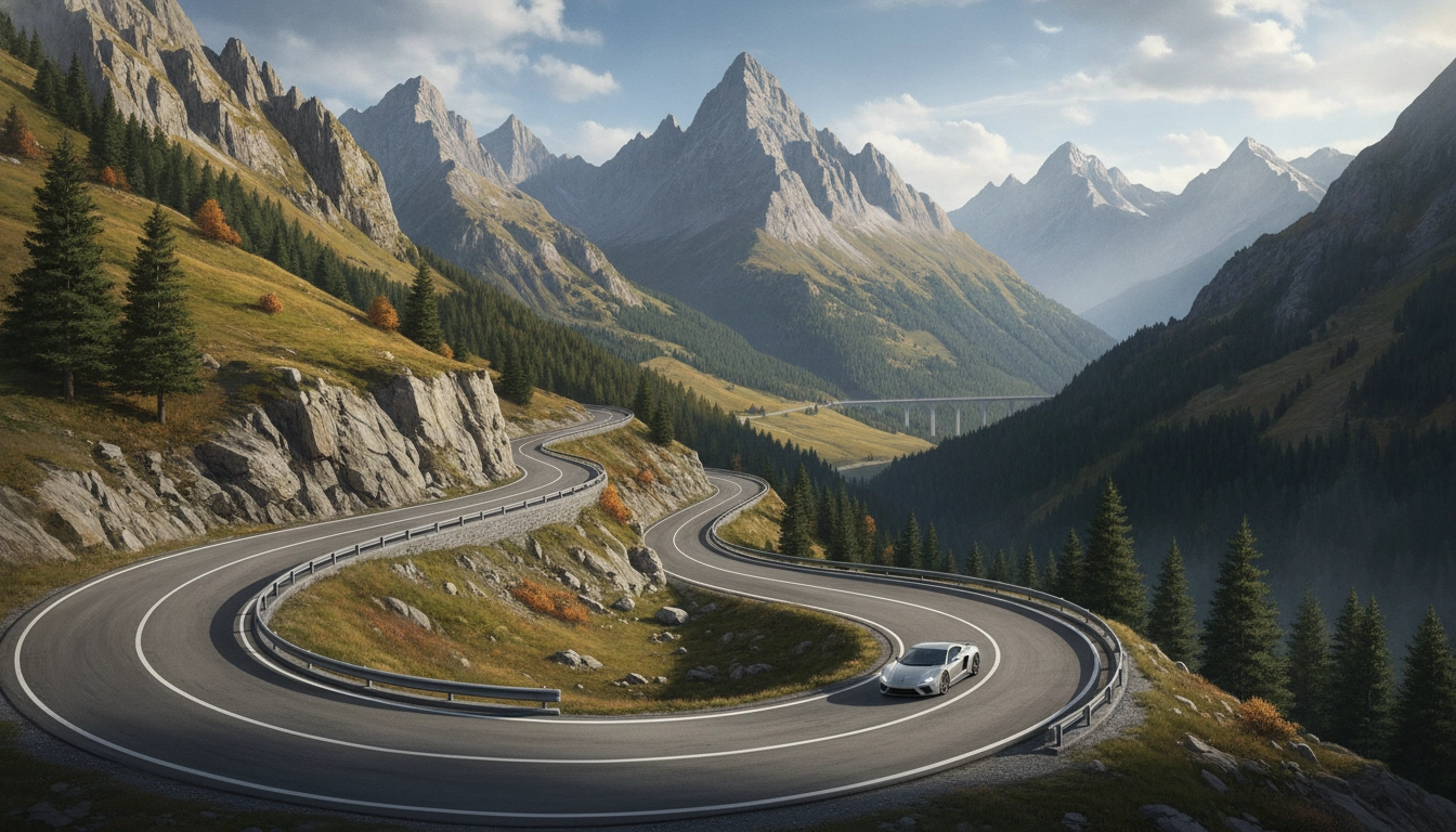 Vue panoramique d'une route de montagne sinueuse dans les Alpes françaises avec des sommets enneigés en arrière-plan