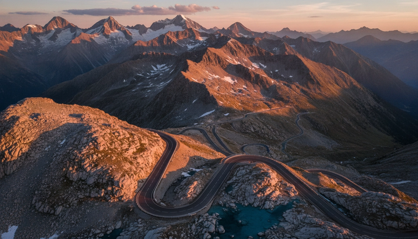 Routes panoramiques montagne Alpes cols altitude au coucher du soleil