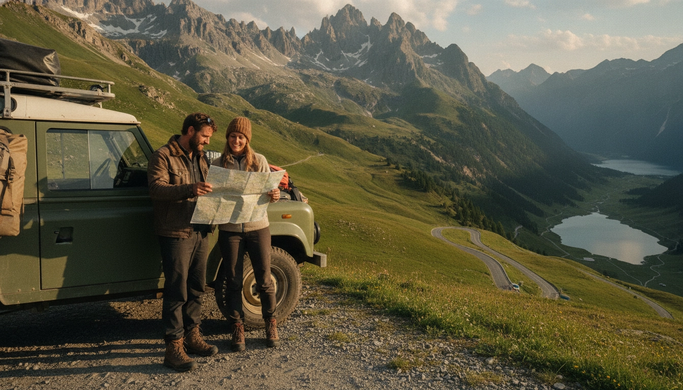Voyageurs admirant la vue sur une route de col dans les Alpes