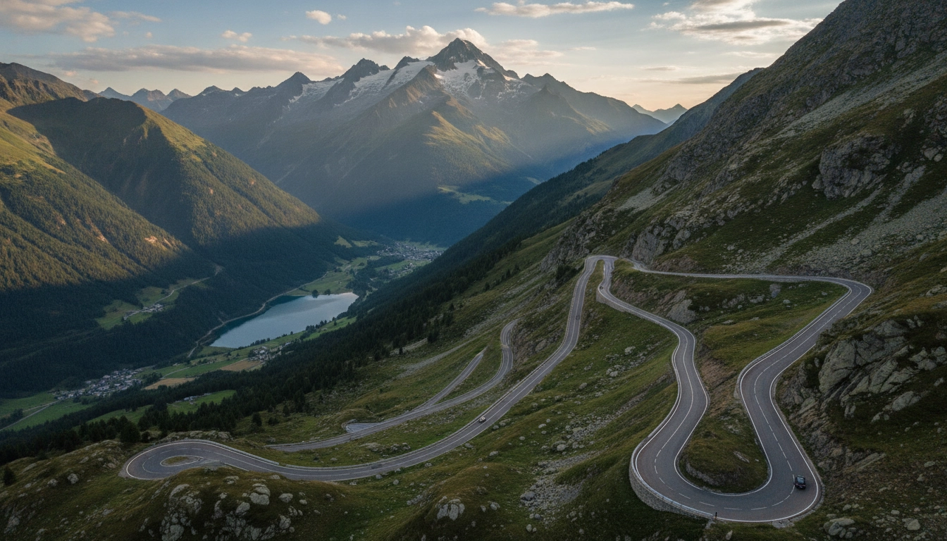 Vue spectaculaire sur les routes panoramiques montagne Alpes cols altitude lors d'un road trip estival.