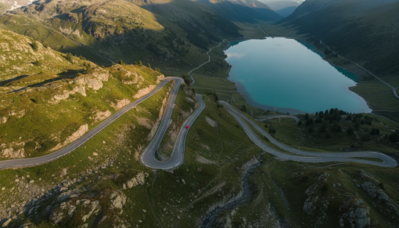 Vue aérienne de routes panoramiques montagne dans les Alpes françaises en été avec des lacets au-dessus des alpages