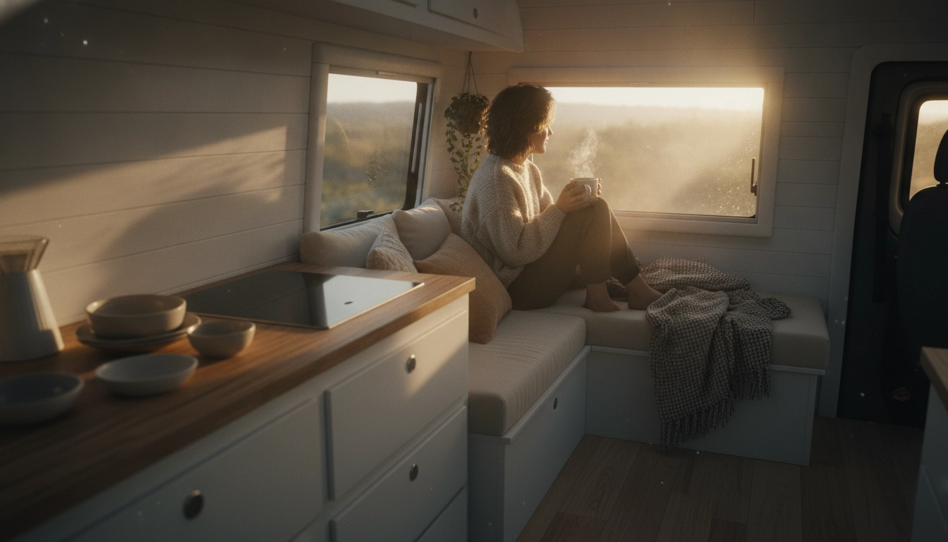 Ambiance sereine pour une routine matinale en van vie nomade quotidienne réussie