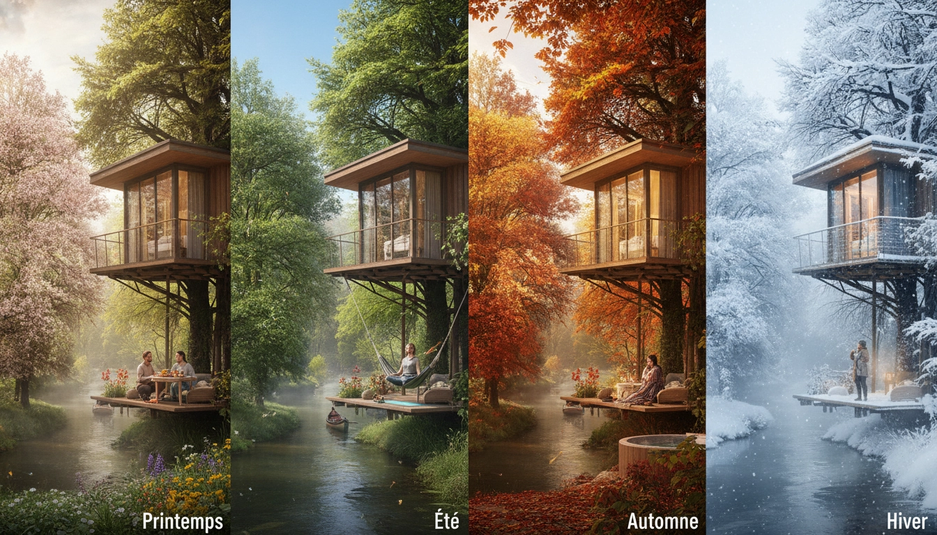 Une cabane dans les arbres au printemps pour illustrer quelle saison pour séjourner en cabane dans les arbres en France.