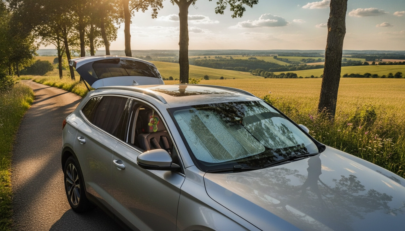 Installation de pare-soleil pour la sécurité enfant voiture chaleur été road trip