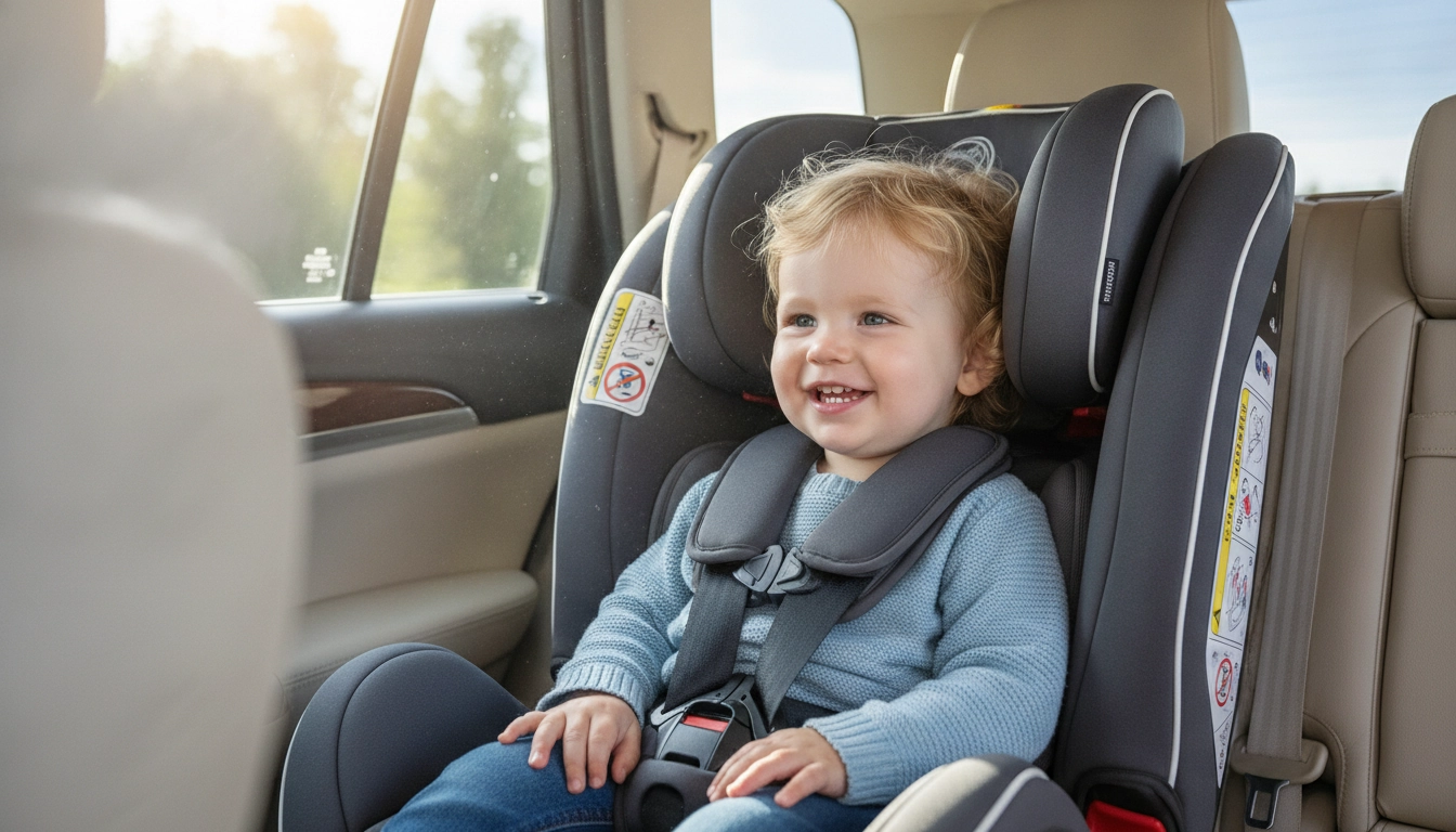 Sécurité enfants voiture : enfant attaché dans un siège auto dos à la route lors d'un road trip