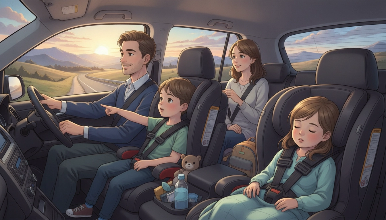 Sécurité enfants voiture : famille heureuse attachant le siège auto avant un road trip