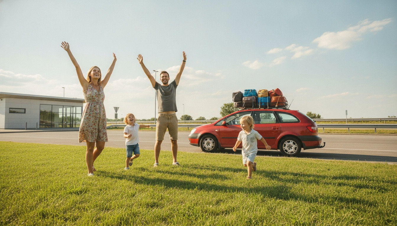 Famille faisant une pause en road trip, bonnes pratiques de sécurité en voiture avec des enfants