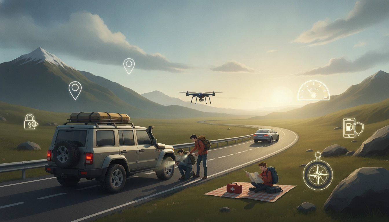 Conducteur vérifiant son véhicule avant un road trip, conseils de sécurité road trip essentiels