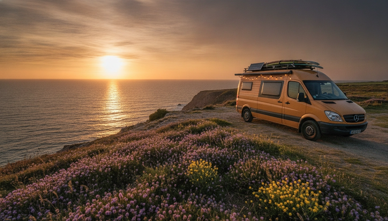 Stationnement van France sur une falaise côtière sauvage au coucher du soleil