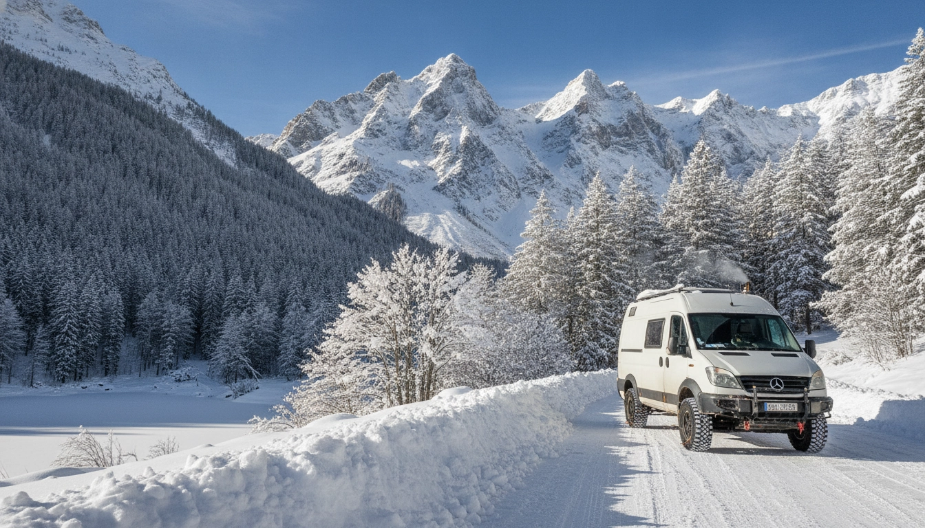 Van stationné en montagne enneigée dans les Alpes françaises en hiver