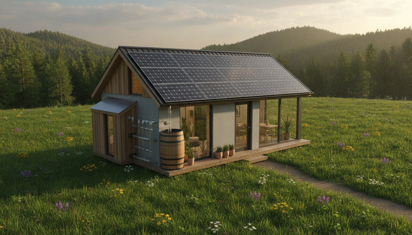 Une tiny house écologique autonome eau énergie solaire installée dans un pré verdoyant.