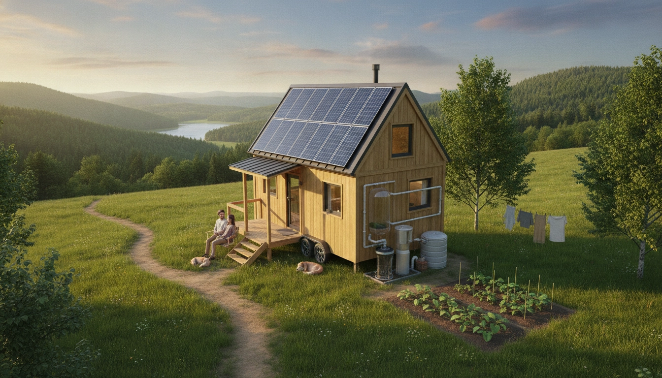 Une magnifique tiny house écologique autonome eau énergie solaire située dans une forêt verdoyante.